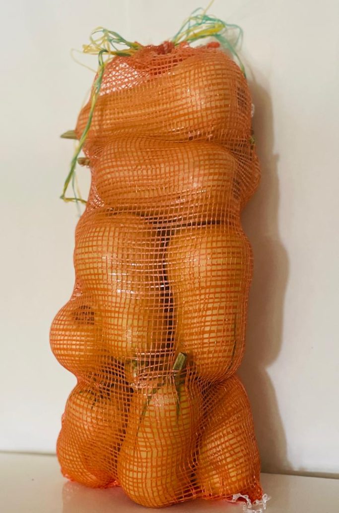 A stack of orange carrots in a netted bag.